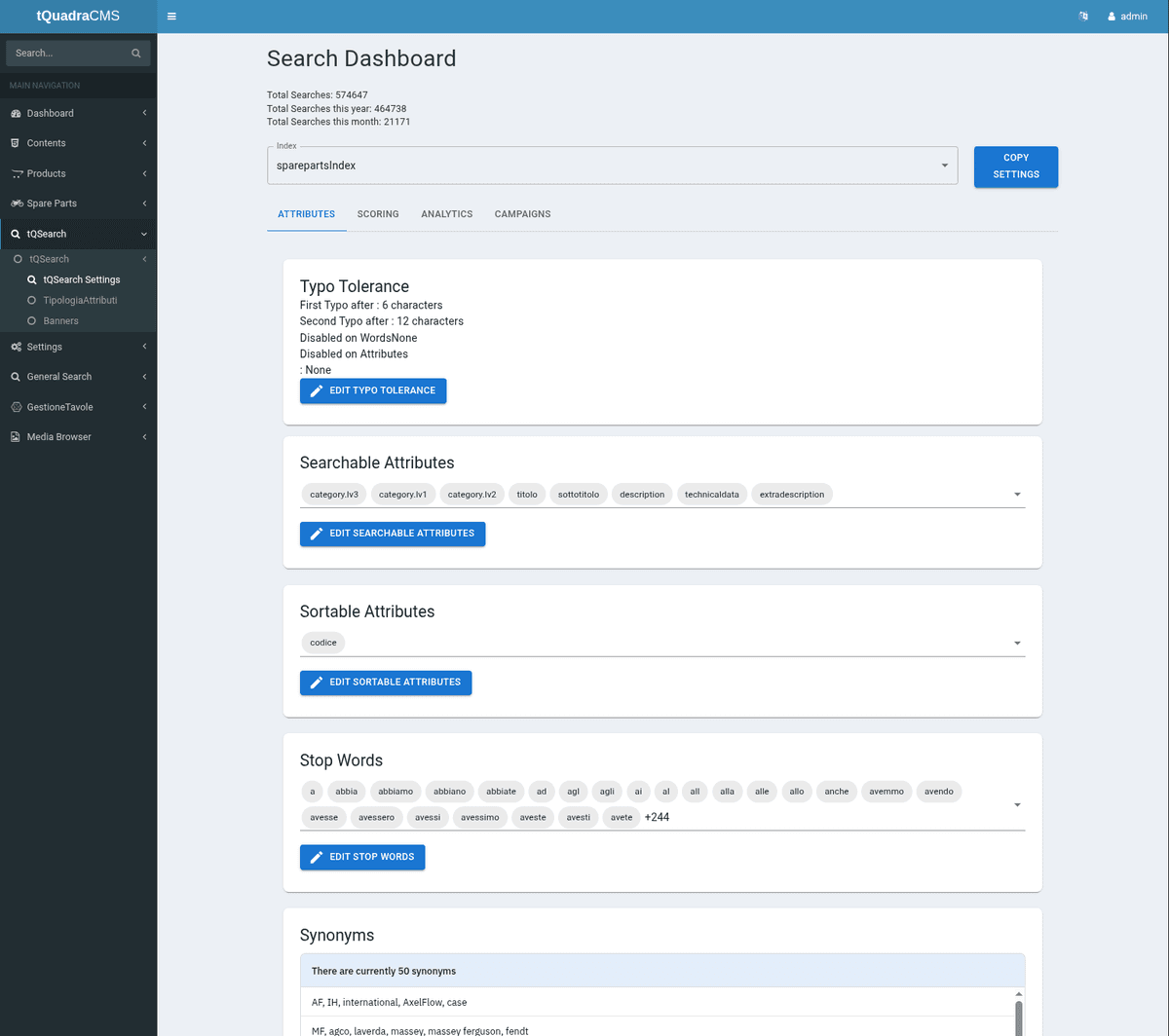 tQuadra CMS Integration Screenshot - tQSearch management interface
